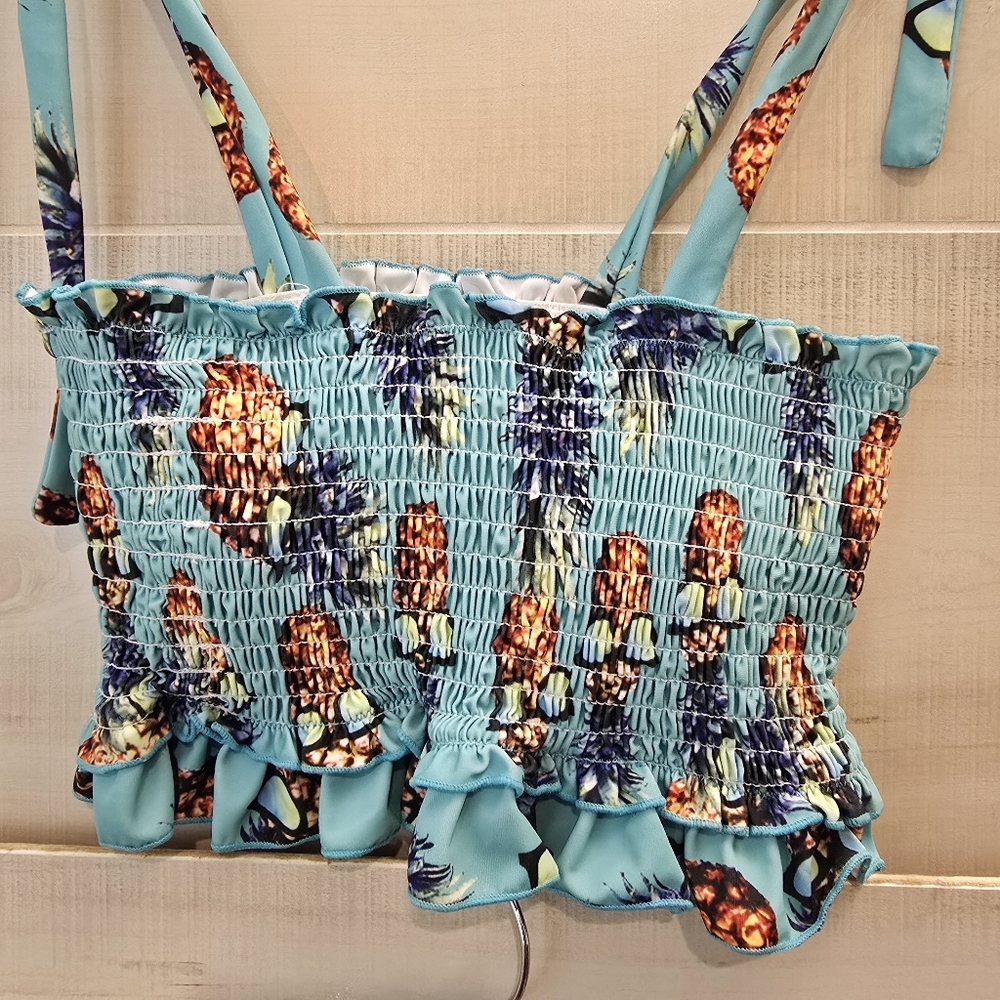 {S} Pineapple With Sunglasses Bikini Smocked Top Teal - Picture 5 of 13